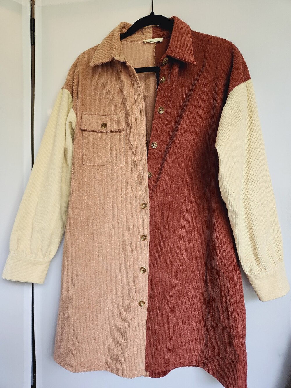 Colorblock Corduroy Fall Button-Down Shirt Dress, 100% Cotton - Small